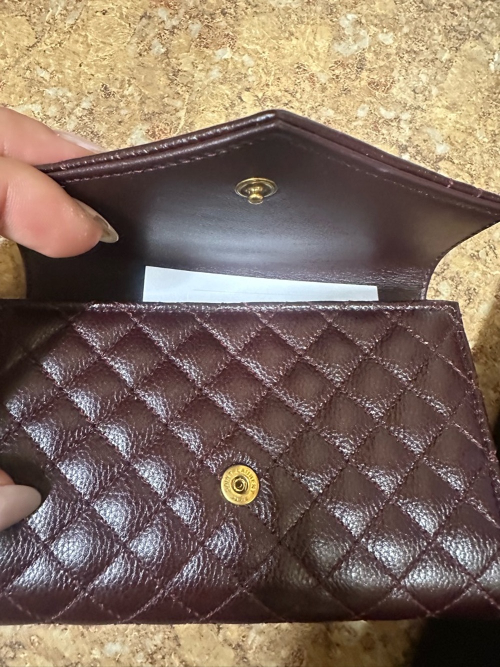 Saint Laurent Quilted Chevron & Diamond Wallet in Burgundy with Gold YSL - Picture 11 of 16
